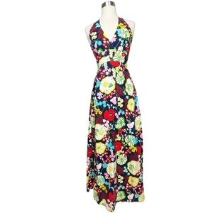 VTG 60’s Patty Woodard Of California Bright Floral Hippie Maxi Halter Dress S